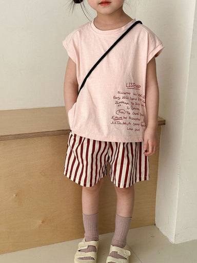 Sommarklädset med Randiga Shorts + T-shirt – Tula Unisex, Rosa/Brun, Bomull, Storlek 0–8 år