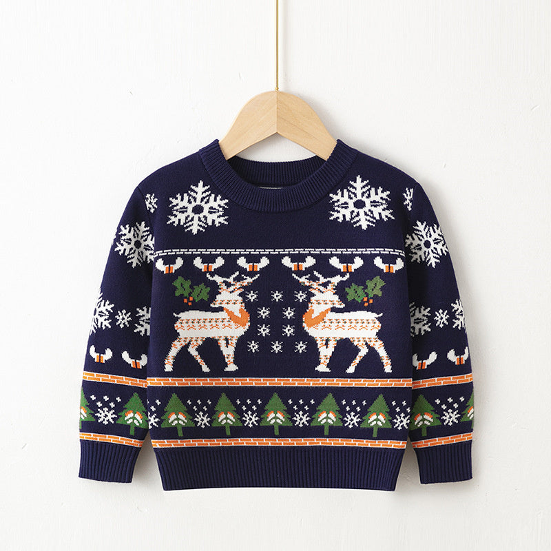 Jultröja med Renar och Snöflingor – Unisex, Röd/Blå, Bomull, Storlek 1–6 år