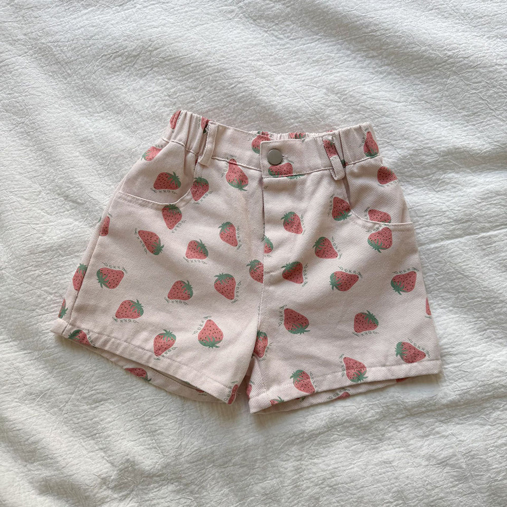 Kortbyxa med Jordgubbar – Baby, Småbarn, Förskolebarn, Barn – Rosa, Bomull, Storlek 0–8 år
