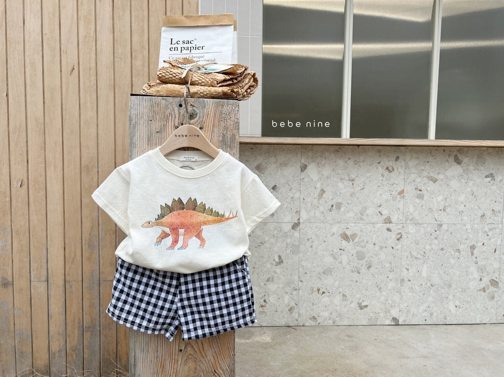 Mavino Dino Daze Set – Sommarset Småbarn 1–7 år – T-shirt + Rutig Shorts – 100 % Bomull – Unisex – Dino-tryck
