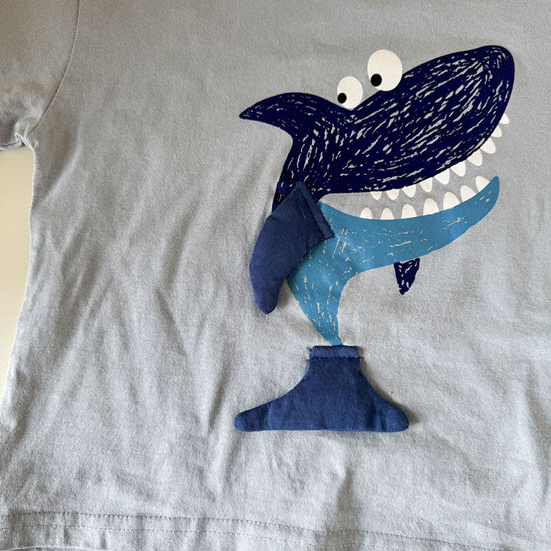 3D T-shirt med haj och mås – Baby, Småbarn, Förskolebarn, Barn, Blå/Brun, Bomull, Storlek 0–8 år