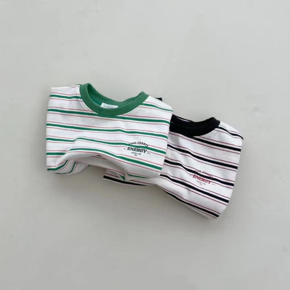 Mini Energy Baby T-shirt – Randig bomullströja med texttryck | Unisex | Storlek 0–3 år