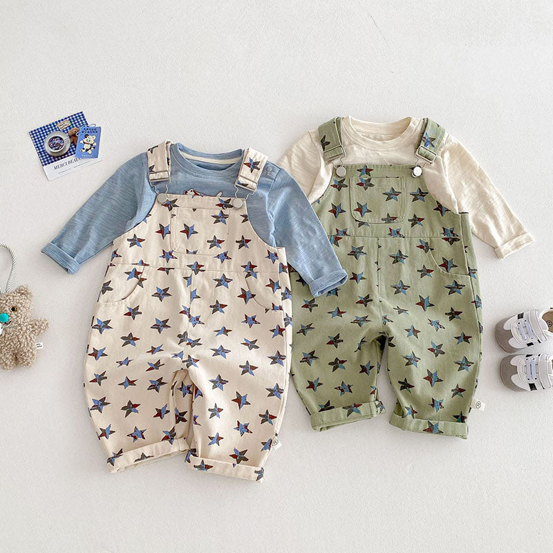 Hängselbyxa med Stjärnor – Stjärnfångare Unisex, Beige/Grön, Bomull, Storlek 0–5 år