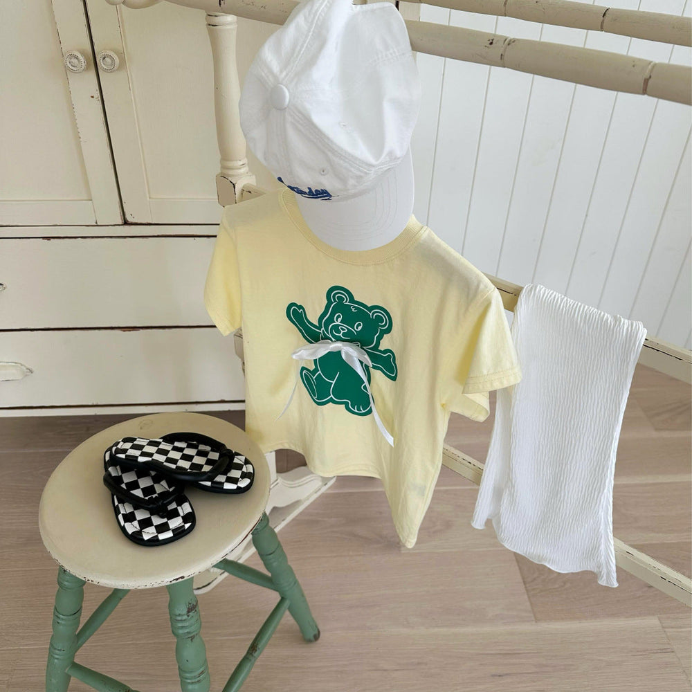 Lunoe Teddie Baby T-shirt – Teddybjörntryck & Satinsnöre | 100% bomull – Storlek 0–3 år