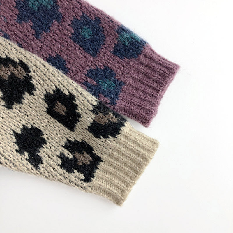 Stickad Kofta med Leopardmönster – Flicka, Beige/Lila, Bomull, Storlek 0–6 år