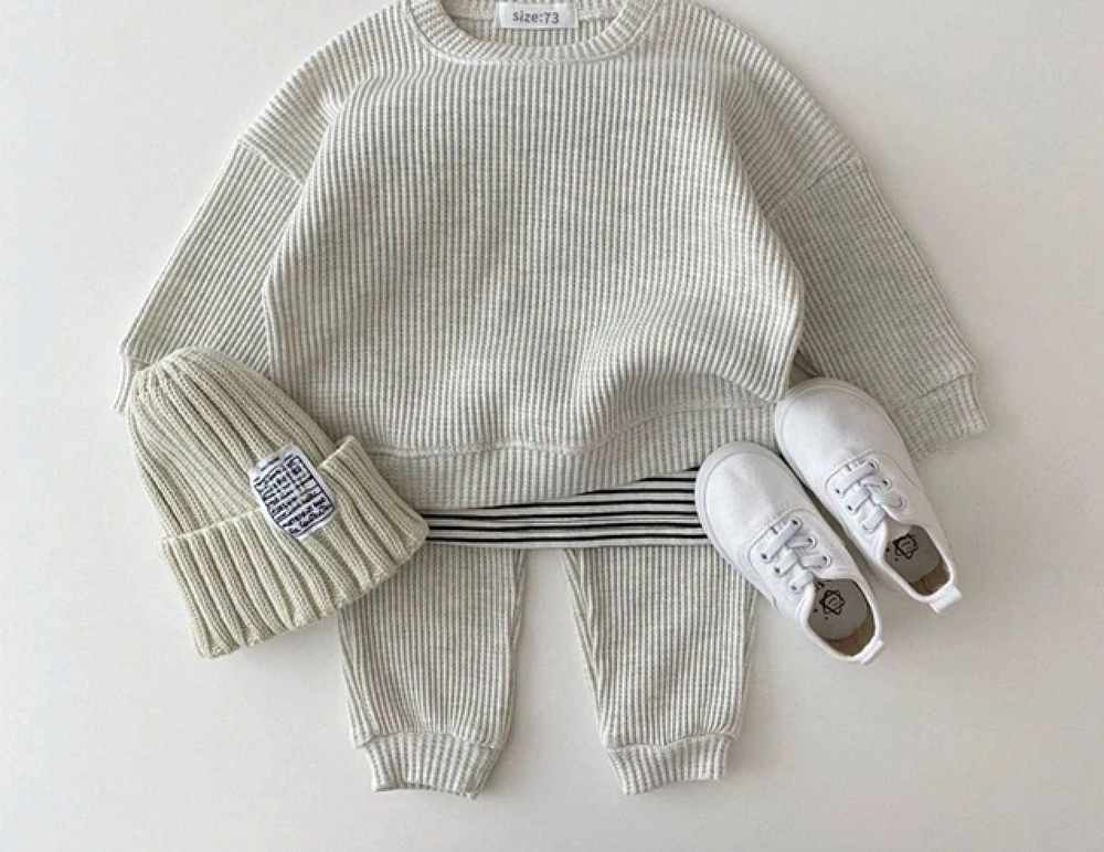 Set med Byxa och Tröja i Vågigt Waffelmönster – Porto-Novo Unisex, Blå/Rosa/Grå/Grön/Gul, Bomull, Storlek 0–3 år