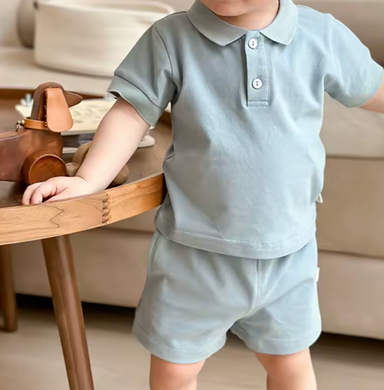 Sommerset med pikétröja och kortbyxor – Beau Pojkar, Blå/Beige/Grön, Bomull, Storlek 0–5 år