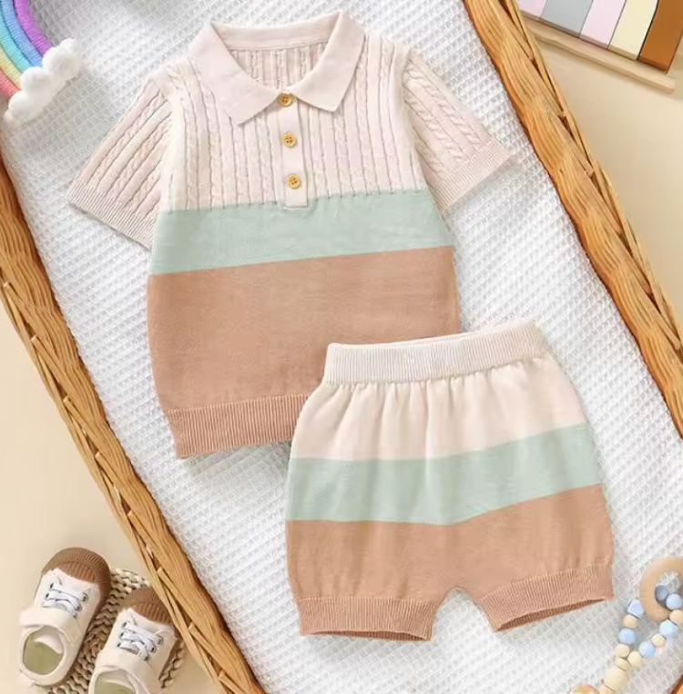 Lumi Petit Stickat Polo-set – Stickat Baby Sommarset 0–2 år – Grön/Blå/Rosa – Unisex & Bekvämt