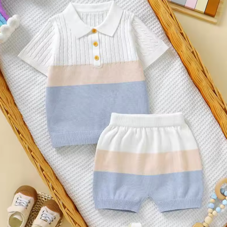 Lumi Petit Stickat Polo-set – Stickat Baby Sommarset 0–2 år – Grön/Blå/Rosa – Unisex & Bekvämt