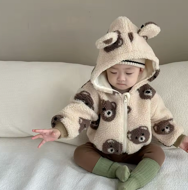 Teddy fleeceväst med öron – Björn Unisex, Beige/Brun, Storlek 0–3 år