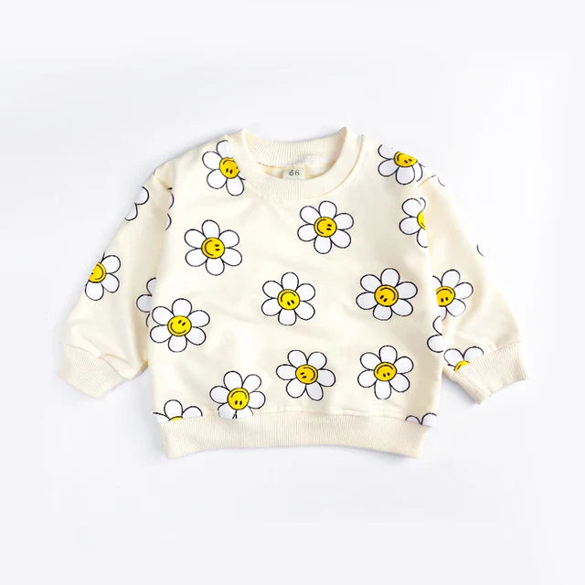 Sweatshirt med Blommönster – Glada Blommor Flickor, Grön/Gul/Beige, Bomull, Storlek 0–3 år