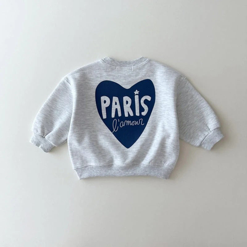 Sweatshirt med Tryck – Paris L’Amour Unisex, Grå/Vit, Bomull, Storlek 0–6 år