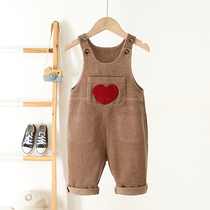 Hängselbyxa med Hjärta – Cordi Love Flickor, Beige/Rosa/Brun, Bomull, Storlek 0–4 år