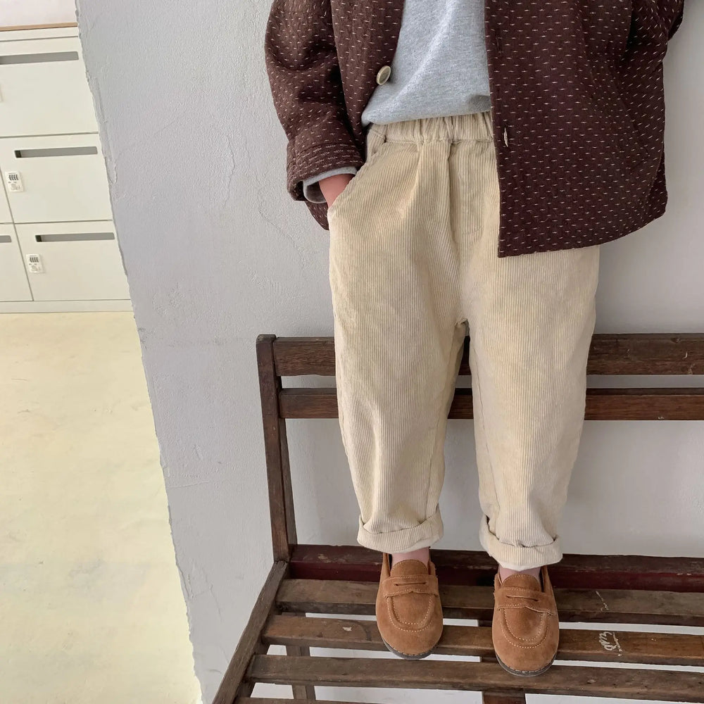 Byxa med Ribbor och Resår – Niamey Pojkar, Beige/Brun, Bomull, Storlek 0–7 År