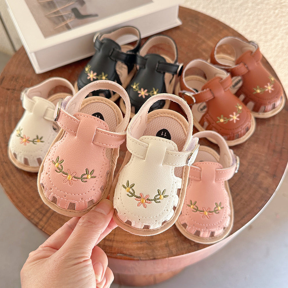 Babysandaler med Blombroderi – Little Steps Flickor, Svart/Rosa/Beige/Grön/Vit, Storlek 0–2 år