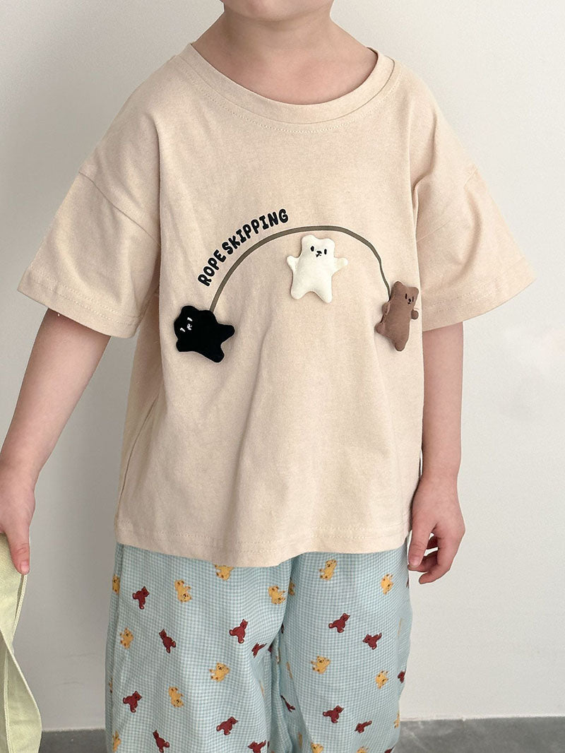 3D T-shirt med björnar som hoppar hopprep – Beary Bounce Unisex, Beige/Grön, Bomull, Storlek 0–8 år