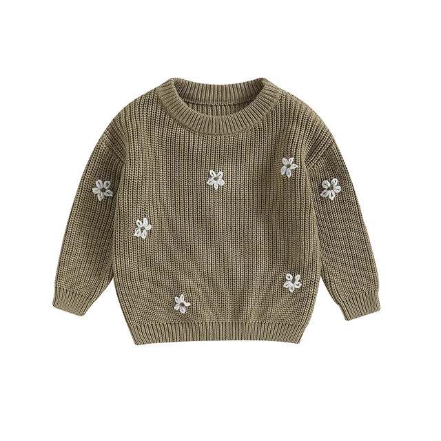 Stickad Tröja med Blommor – Flickor, Beige/Grön/Grå/Lila/Rosa, Bomull, Storlek 0–6 år
