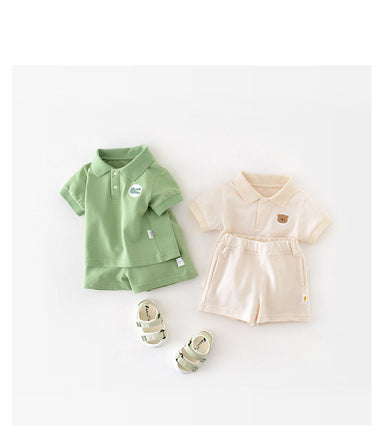 Polo Play Babyset – Somrig Unisex Outfit med Polotröja och Shorts | Storlek 0–3 år | Grön & Beige