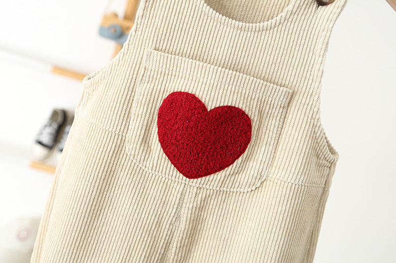 Hängselbyxa med Hjärta – Cordi Love Flickor, Beige/Rosa/Brun, Bomull, Storlek 0–4 år