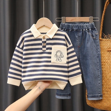 Set med Randig Tröja och Jeans – Astronaut Little Voyager Pojkar, Röd/Blå/Svart, Bomull, Storlek 0–5 år