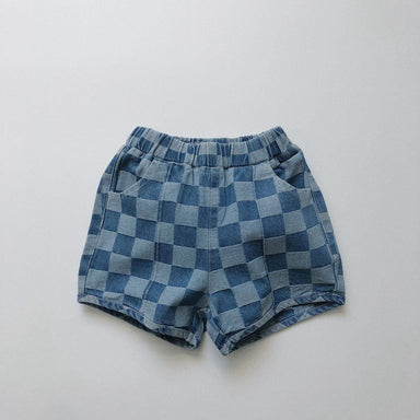 Nolu Checker Shorts – Rutiga Barnshorts Blå – Unisex Sommarshorts i Bomull – Resårmidja – Storlek 0–6 år