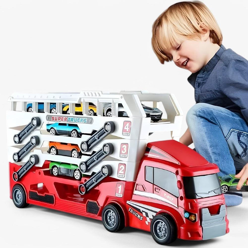 Leksaksbiltransport med 6 racerbilar – lastfunktion, utan batterier | lastbil