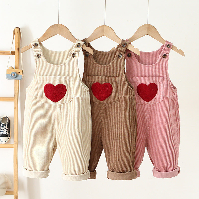 Hängselbyxa med Hjärta – Cordi Love Flickor, Beige/Rosa/Brun, Bomull, Storlek 0–4 år