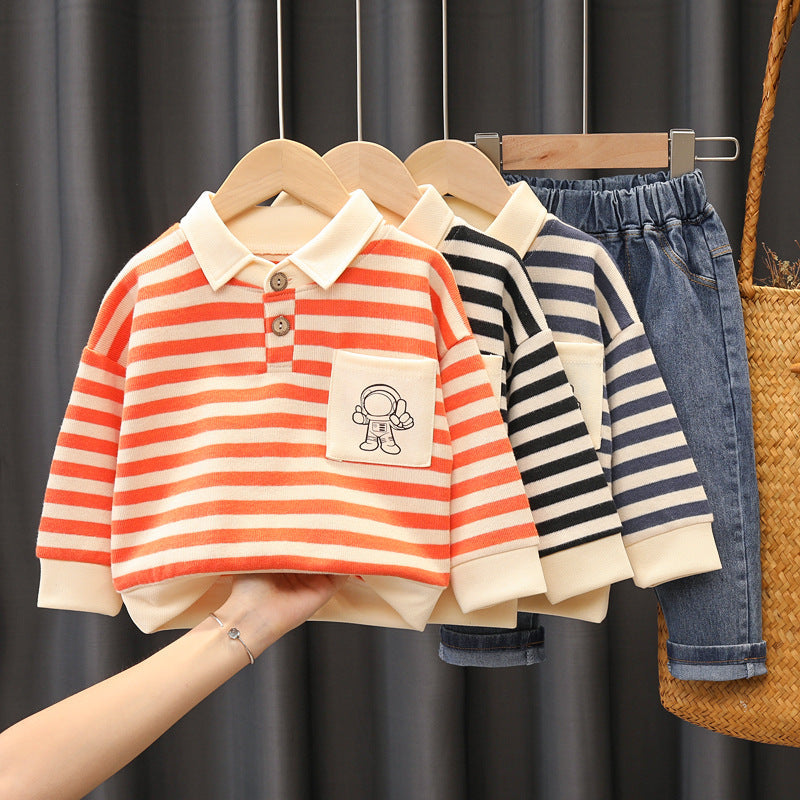 Set med Randig Tröja och Jeans – Astronaut Little Voyager Pojkar, Röd/Blå/Svart, Bomull, Storlek 0–5 år