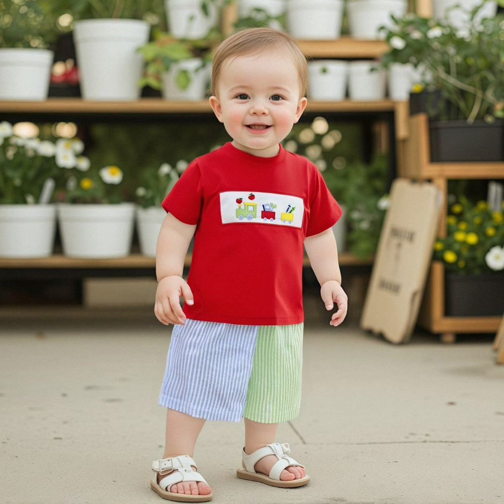 Schooltrain Sommarsätt för Pojkar | Röd T-shirt med Tågmönster & Randiga Shorts | Bomull & Polyester | 2–6 år | Somrig Lekoutfit