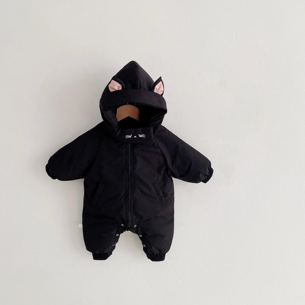 Jumpsuit/Overall med Huva – Katt Baby, Beige/Svart, Polyester, Storlek 0–2 år