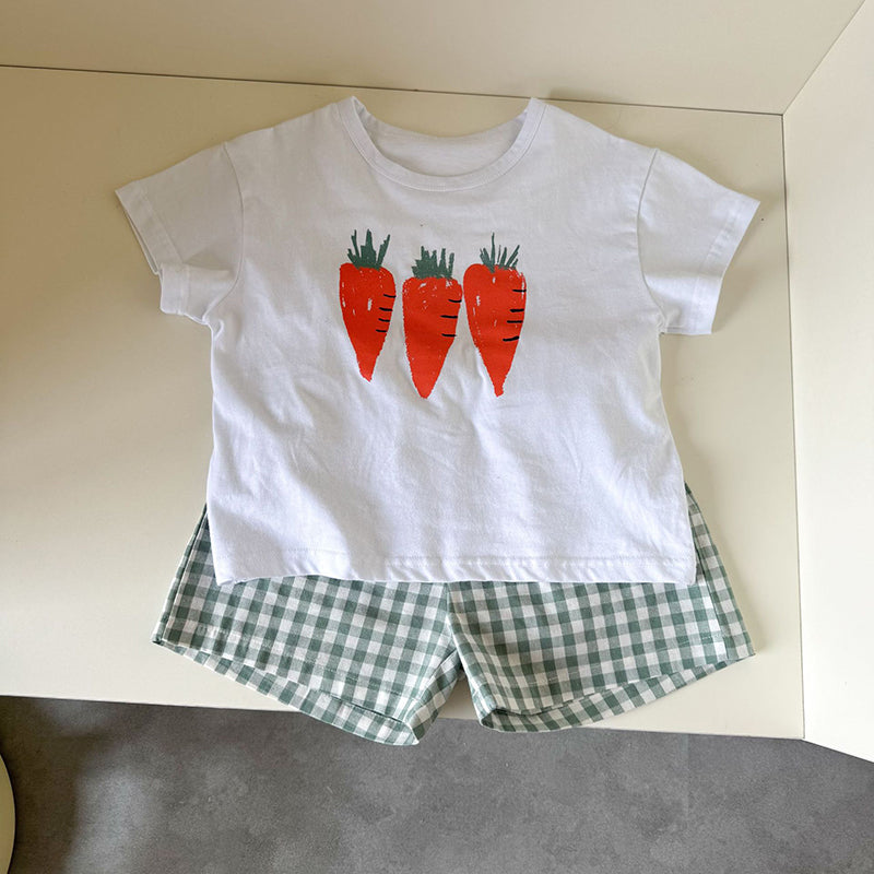 Frubino Frukt & Grönt Set – Sommarklädeset Baby/Småbarn/Barn 0–9 år – T-shirt + Rutiga Shorts – 100 % Bomull – Unisex – Fruktmotiv