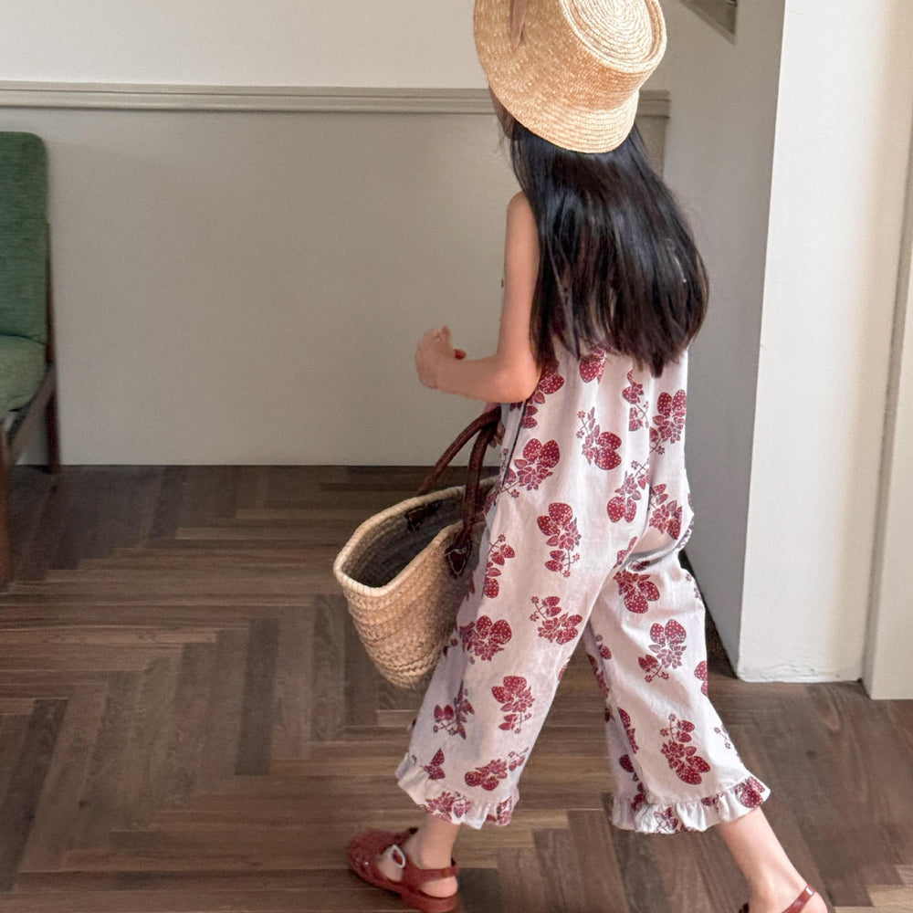 Lunea Kids Flora Volangbyxdress Flicka – Sommarjumpsuit i bomull – Blommönster – Volanger – 0–6 år – Luftiga barnkläder