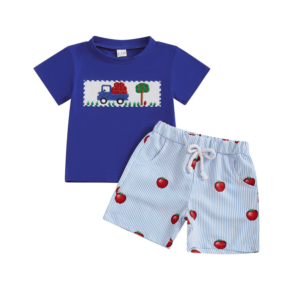 AppleTruck Sommarsätt för Pojkar | T-shirt med Äppeltruck & Randiga Shorts | Bomull & Polyester | 6 mån–4 år | Blå & Röd