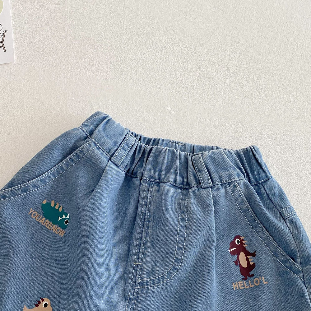 Kort Jeansbyxa med Resår och Dinosaurietryck – Baby, Småbarn, Förskolebarn, Ljusblå, Bomull/Denim, Storlek 0–5 år
