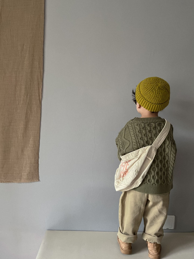 Stickad Tröja med Flätmönster – Pyong Unisex, Brun/Grön/Beige, Bomull, Storlek 0–6 år