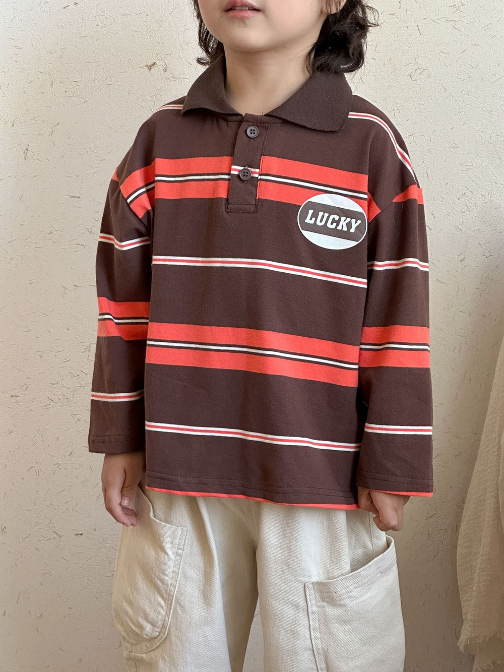 Pikétröja med ränder – LuckyStripe Unisex, Brun/Grå, Bomull, Storlek 0–8 år