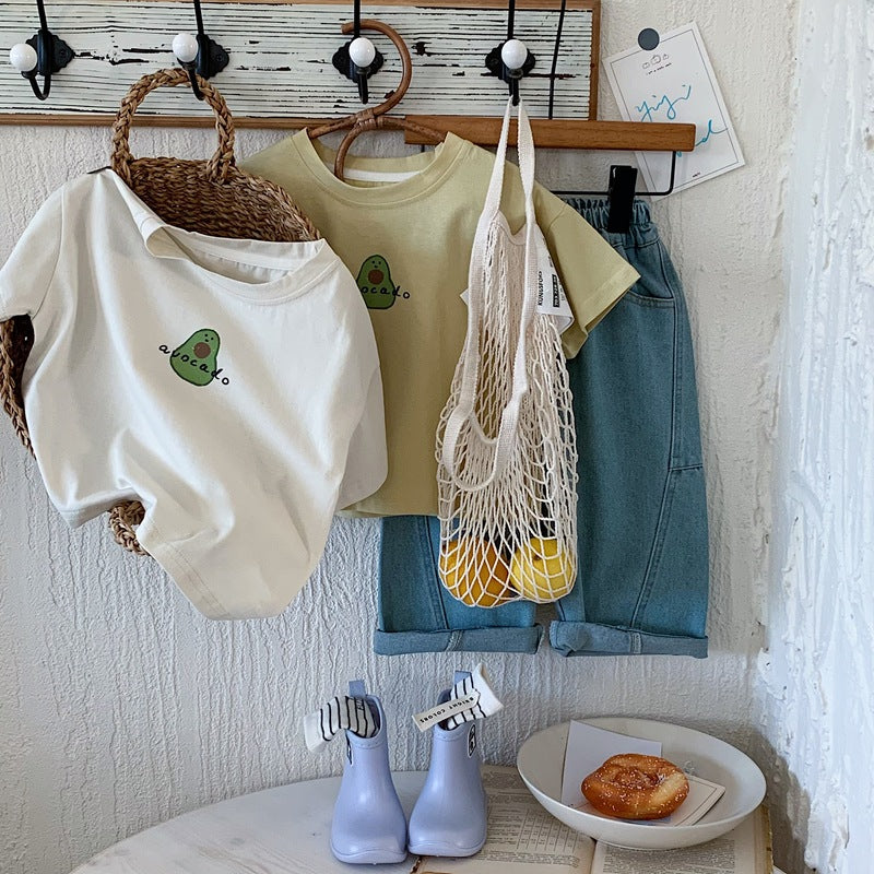 T-shirt med avokadotryck – Småbarn, Förskolebarn, Barn, Vit/Gul, Bomull, Storlek 2–7 år