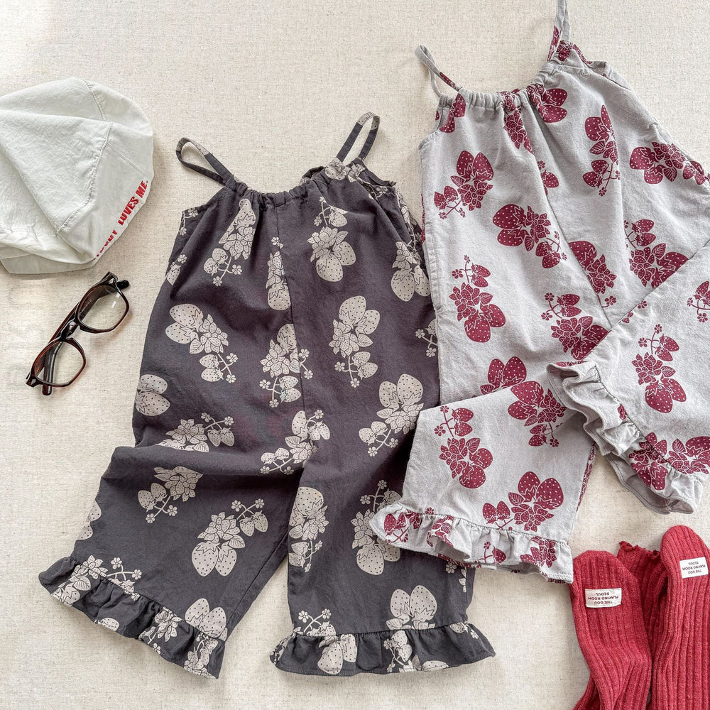 Lunea Kids Flora Volangbyxdress Flicka – Sommarjumpsuit i bomull – Blommönster – Volanger – 0–6 år – Luftiga barnkläder