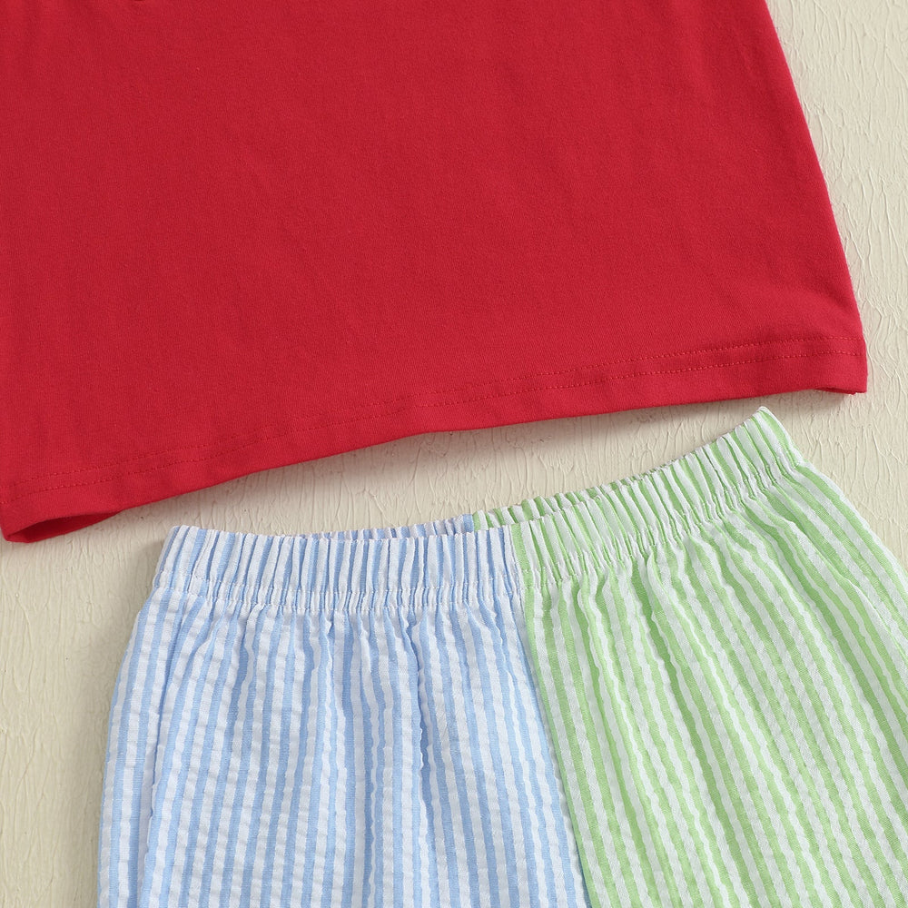 Schooltrain Sommarsätt för Pojkar | Röd T-shirt med Tågmönster & Randiga Shorts | Bomull & Polyester | 2–6 år | Somrig Lekoutfit