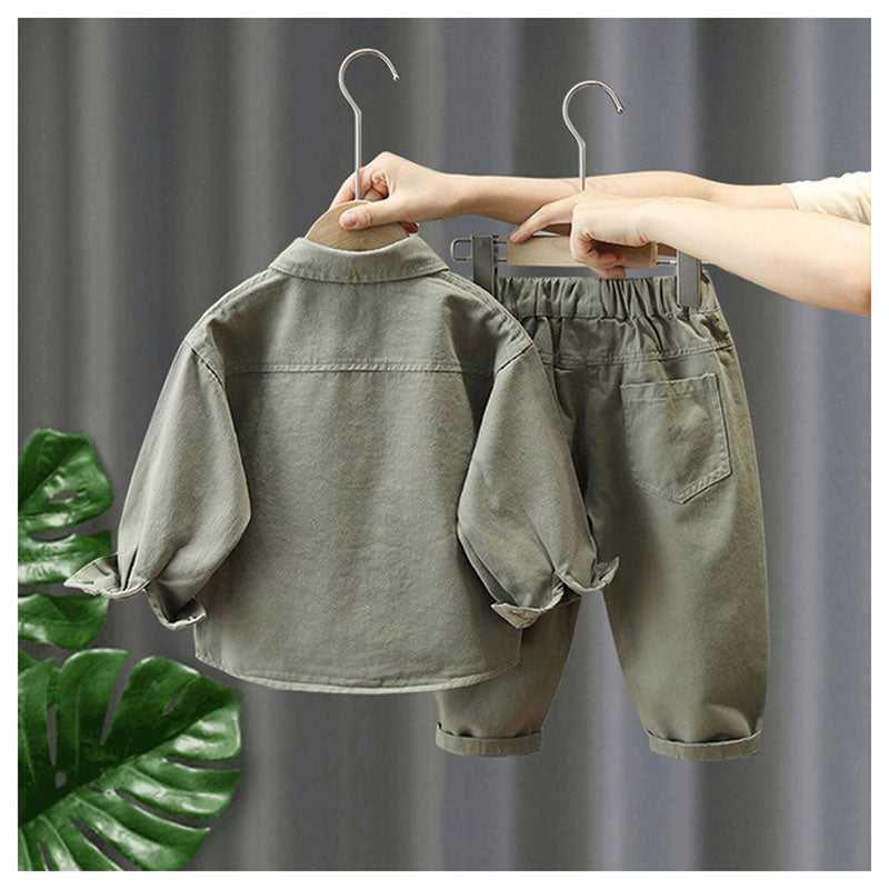 Set med Byxa och Tröja – Little Explorer Unisex, Beige/Grön, Bomull, Storlek 0–7 år