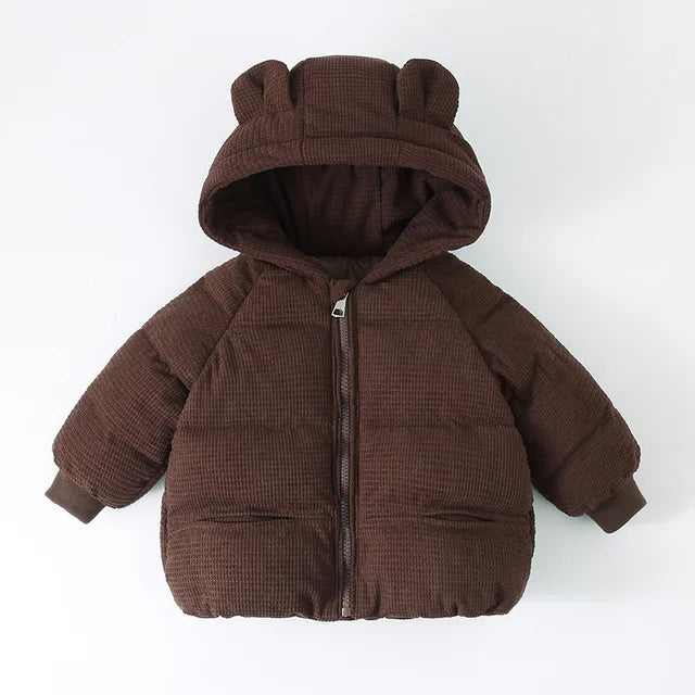 Vinterjacka med Björnöron och Ribbad Struktur – Lusa Flicka, Brun/Vit/Rosa/Beige, Polyester, Storlek 0–8 år