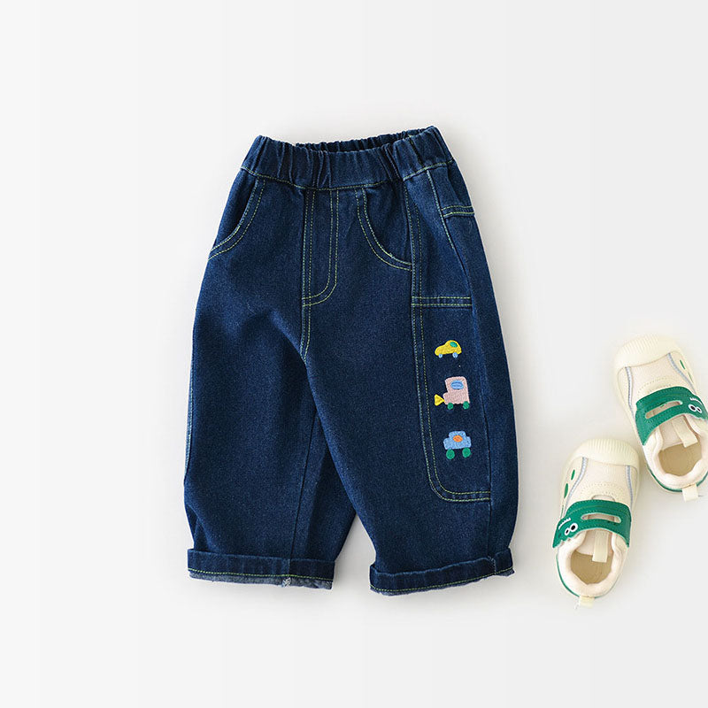 Jeans med Biltryck – Little Wheels Jeans Pojke, Blå, Bomull, Denim, 0–3 År