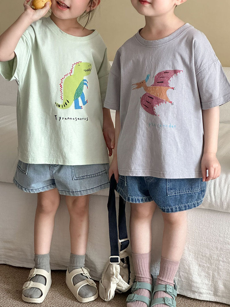 T-shirt med Dinosaurieprint – Baby, Småbarn, Förskolebarn, Grön/Grå/Beige/Rosa, Bomull, Storlek 0–8 år