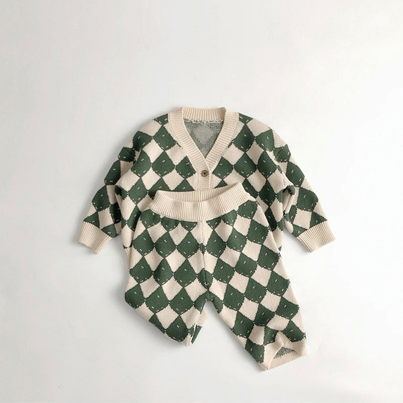 Stickat rutigt klädset – Lilla schackmästaren unisex, Beige/Grön, Bomull, Storlek 0–6 år