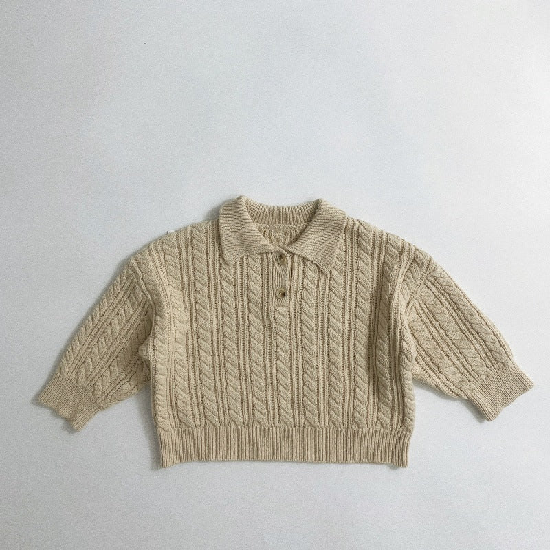 Stickad Tröja med Flätmönster – Pyi Unisex, Beige/Grå, Bomull, Storlek 0–6 år