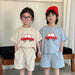 T-shirt och Shorts Sommarset – VroomVibes Unisex, Blå/Beige, Bomull, Storlek 0–8 år