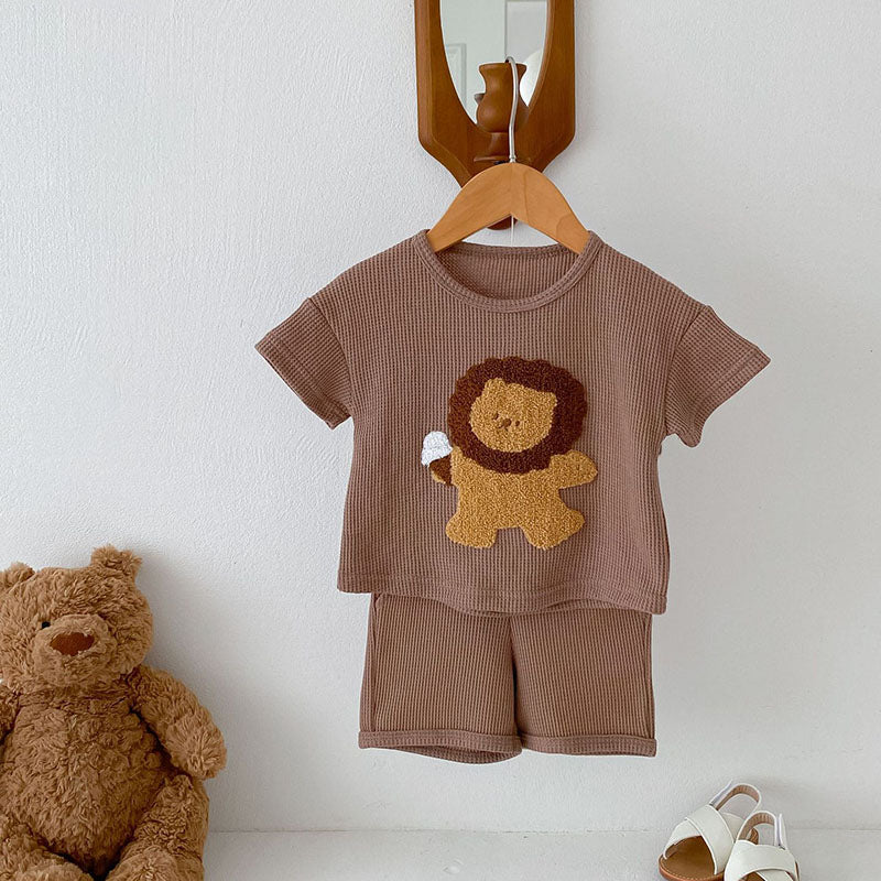 Våffeltygsset T-shirt & Shorts med Lejon – Little Roar Baby Småbarn, Brun/Beige, Bomull, Storlek 0–3 år