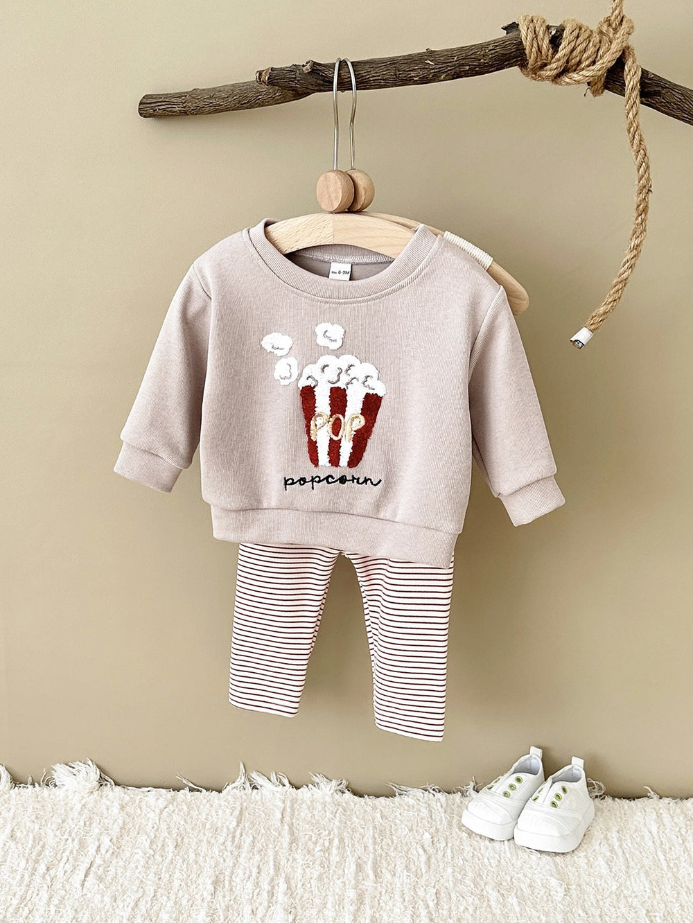 Klädset med Leggings och Tröja Popcorn – Poppi Unisex, Beige, Bomull, Storlek 0–3 år