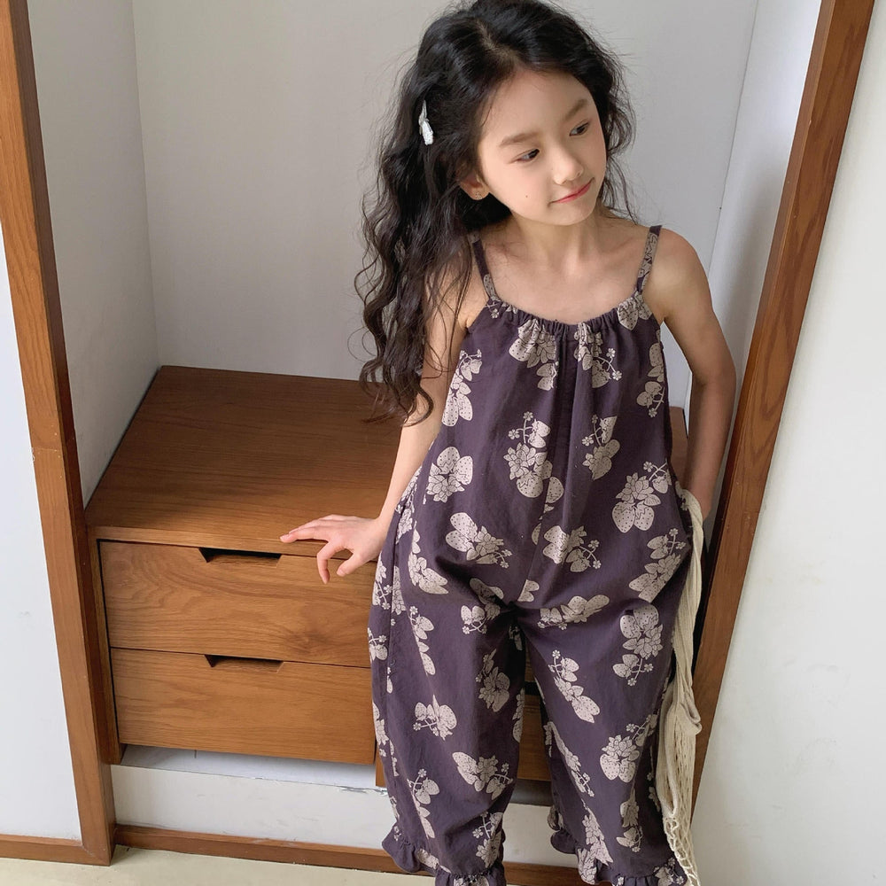 Lunea Kids Flora Volangbyxdress Flicka – Sommarjumpsuit i bomull – Blommönster – Volanger – 0–6 år – Luftiga barnkläder