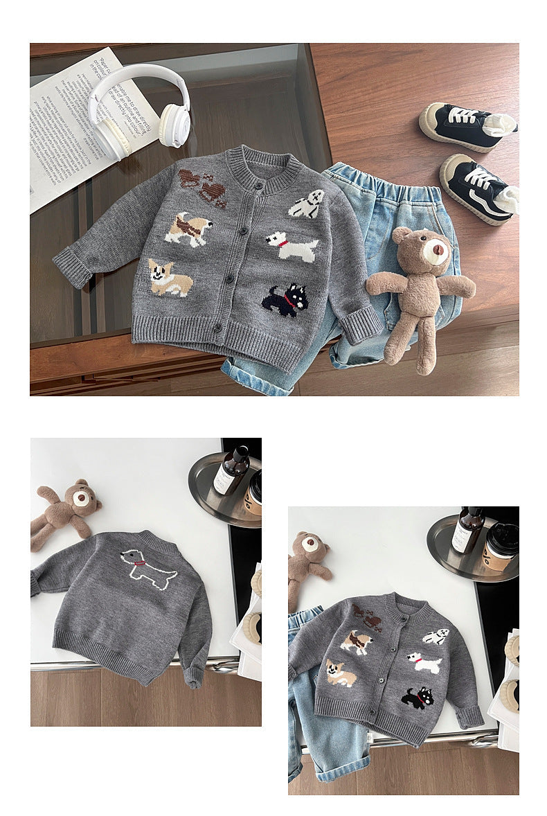 Stickad Kofta med Hundmotiv – Puppy Love Unisex, Grå, Bomull, Storlek 0–4 år